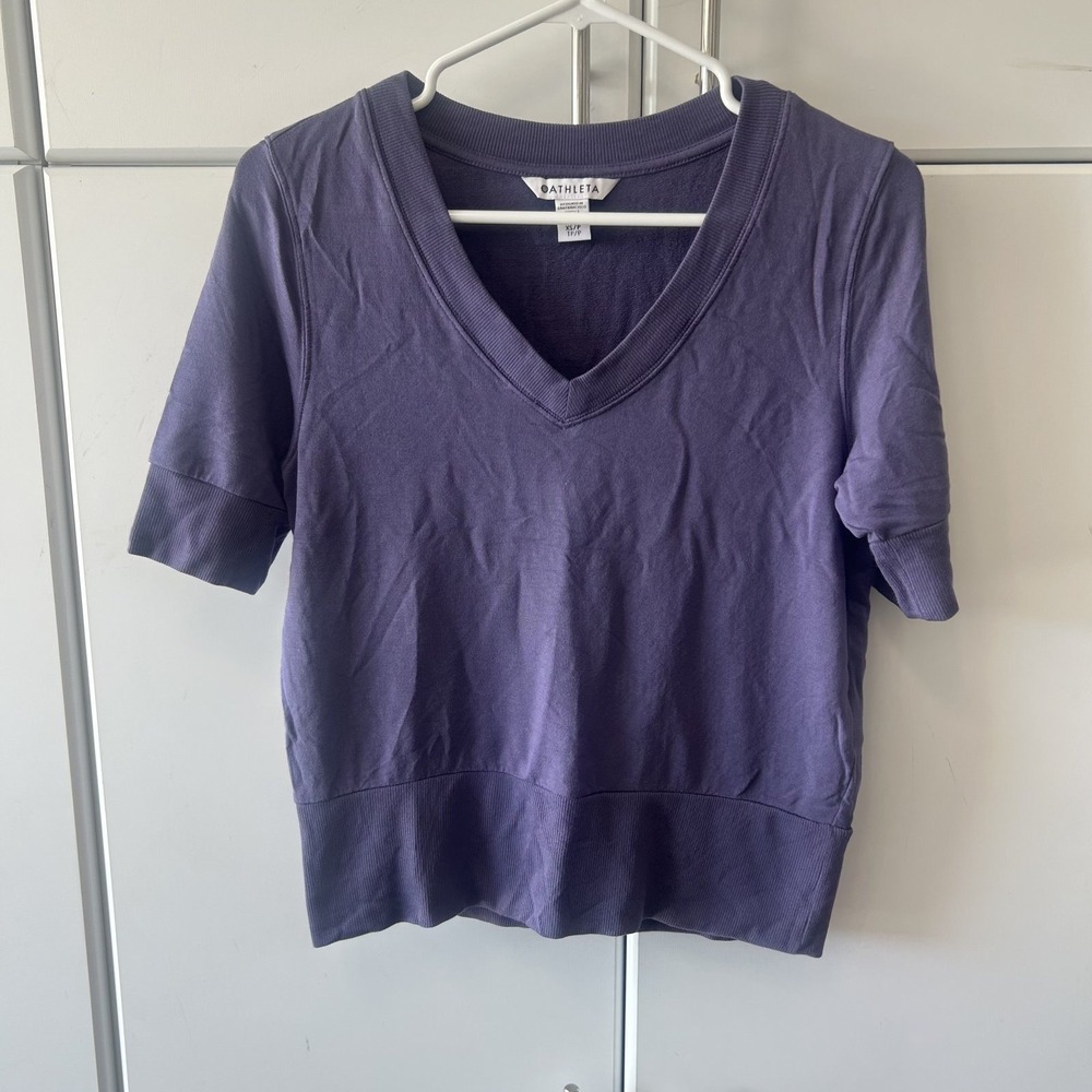 Athleta Womens Purple V-Neck Short Sleeve French Terry Sweatshirt XS P